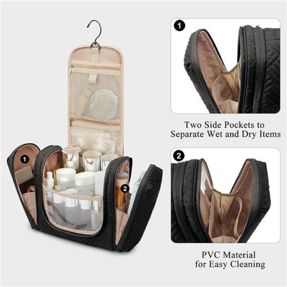 Toiletry Bag for Men Travel Cosmetic Makeup Bag w/ Hanging Hook Water-resistant - Picture 5 of 6